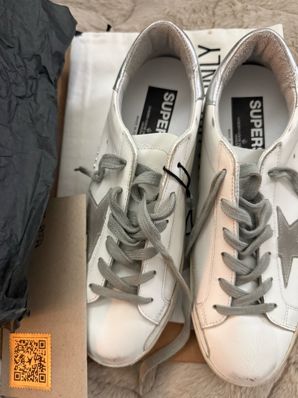 Golden Goose Women's White Leather Sneakers with Gray Star and Laces
